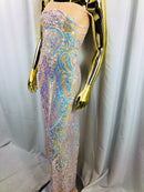Iridescent Sequins, Iridescent Aqua 4 Way Stretch Damask Design Fabric On Stretch Mesh By The Yard