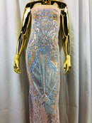Iridescent Sequins, Iridescent Aqua 4 Way Stretch Damask Design Fabric On Stretch Mesh By The Yard