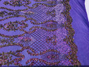 Sequins Damask Pattern Iridescent Purple 4 Way Stretch Elegant Designer Fabrics in Shiny Patterns