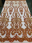 Sequins Damask Pattern - Orange - 4 Way Stretch Elegant Designer Fabrics in Shiny Damask Patterns