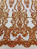 Sequins Damask Pattern - Orange - 4 Way Stretch Elegant Designer Fabrics in Shiny Damask Patterns
