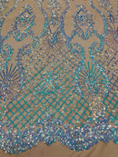 Sequins Damask Pattern - Iridescent Light Blue - 4 Way Stretch Designer Fabrics in Shiny Patterns