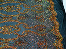 Sequins Damask Pattern - Orange Black Mesh 4 Way Stretch Elegant Designer Fabrics in Shiny Patterns