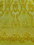 Sequins Damask Pattern - Yellow - 4 Way Stretch Elegant Designer Fabrics in Shiny Damask Patterns