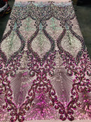 Damask Leaf - Iridescent Magenta - 4 Way Stretch High Quality Fancy Pattern Shiny Sequins