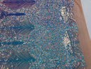 Damask Leaf - Iridescent Light Blue - 4 Way Stretch High Quality Fancy Pattern Shiny Sequins