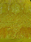 Damask Leaf - Shiny Yellow - 4 Way Stretch High Quality Fancy Pattern Shiny Sequins