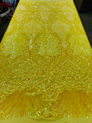Damask Leaf - Shiny Yellow - 4 Way Stretch High Quality Fancy Pattern Shiny Sequins