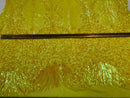 Damask Leaf - Shiny Yellow - 4 Way Stretch High Quality Fancy Pattern Shiny Sequins