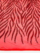 Feather Design Sequins - Red  - 4 Way Stretch Fancy Feather Pattern Design Fabric By Yard