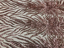 Feather Design Sequins - Rose Gold - 4 Way Stretch Fancy Feather Pattern Design Fabric By Yard