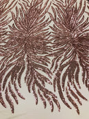 Feather Design Sequins - Rose Gold - 4 Way Stretch Fancy Feather Pattern Design Fabric By Yard