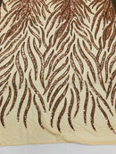 Feather Design Sequins - Rose Gold - 4 Way Stretch Fancy Feather Pattern Design Fabric By Yard