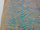 Feather Design Sequins - Aqua - 4 Way Stretch Fancy Feather Pattern Design Fabric By Yard