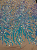 Feather Design Sequins - Aqua - 4 Way Stretch Fancy Feather Pattern Design Fabric By Yard