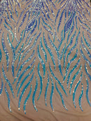 Feather Design Sequins - Aqua - 4 Way Stretch Fancy Feather Pattern Design Fabric By Yard