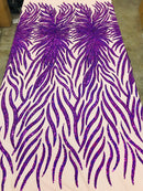 Feather Design Sequins - Purple - 4 Way Stretch Fancy Feather Pattern Design Fabric By Yard