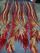 Two Tone Metatron Wings-Fenix Feather Design on 4 Way Stretch Sequin Dresses-Fashion-prom-nightgown