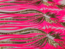Phoenix Wing Sequins - Neon Pink  / Gold  - 4 Way Stretch Wings Pattern Design Fabric By Yard