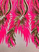Phoenix Wing Sequins - Neon Pink  / Gold  - 4 Way Stretch Wings Pattern Design Fabric By Yard