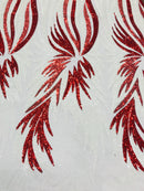 Phoenix Wing Sequins - White / Red - 4 Way Stretch Wings Pattern Design Fabric By Yard