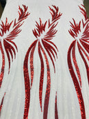 Phoenix Wing Sequins - White / Red - 4 Way Stretch Wings Pattern Design Fabric By Yard