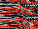 Phoenix Wing Sequins - Red / Black - 4 Way Stretch Wings Pattern Design Fabric By Yard