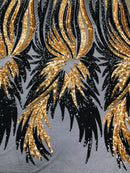 Phoenix Wing Sequins - Black / Gold - 4 Way Stretch Wings Pattern Design Fabric By Yard