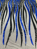 Phoenix Wing Sequins - Royal Blue / Black - 4 Way Stretch Wings Pattern Design Fabric By Yard