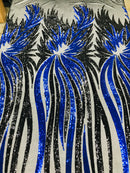 Phoenix Wing Sequins - Royal Blue / Black - 4 Way Stretch Wings Pattern Design Fabric By Yard