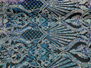Floral Damask - Iridescent Unicorn - 4 Way Stretch Fancy Shiny Sequins Fabric with Net Design