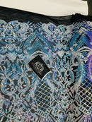 Floral Damask - Iridescent Unicorn - 4 Way Stretch Fancy Shiny Sequins Fabric with Net Design
