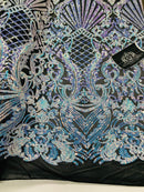 Floral Damask - Iridescent Unicorn - 4 Way Stretch Fancy Shiny Sequins Fabric with Net Design