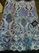 Floral Damask - Iridescent Unicorn - 4 Way Stretch Fancy Shiny Sequins Fabric with Net Design