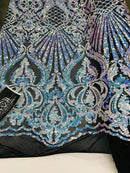 Floral Damask - Iridescent Unicorn - 4 Way Stretch Fancy Shiny Sequins Fabric with Net Design