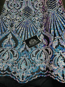 Floral Damask - Iridescent Unicorn - 4 Way Stretch Fancy Shiny Sequins Fabric with Net Design