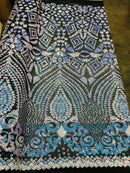 Geometric Sequins - Iridescent Unicorn - 4 Way Stretch Elegant Geometric Pattern with Shiny Sequins