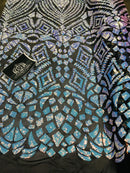 Geometric Sequins - Iridescent Unicorn - 4 Way Stretch Elegant Geometric Pattern with Shiny Sequins