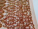 Damask Sequins - Iridescent Orange - 4 Way Stretch Damask Sequins Fashion Design Fabric