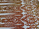 Damask Sequins - Iridescent Orange - 4 Way Stretch Damask Sequins Fashion Design Fabric