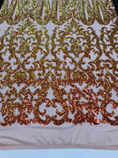 Damask Sequins - Iridescent Orange - 4 Way Stretch Damask Sequins Fashion Design Fabric