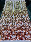 Damask Sequins - Iridescent Orange - 4 Way Stretch Damask Sequins Fashion Design Fabric