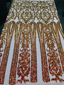 Damask Sequins - Iridescent Orange - 4 Way Stretch Damask Sequins Fashion Design Fabric