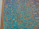 Damask Sequins - Aqua - 4 Way Stretch Damask Sequins Fashion Design By Yard
