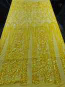 Damask Sequins - Yellow - 4 Way Stretch Damask Sequins Fashion Design By Yard