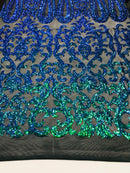 Damask Sequins - Jade Green / Blue - 4 Way Stretch Damask Sequins Fashion Design By Yard