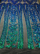 Damask Sequins - Jade Green / Blue - 4 Way Stretch Damask Sequins Fashion Design By Yard