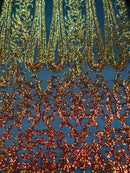 Damask Sequins - Orange Black Mesh - 4 Way Stretch Damask Sequins Fashion Design By Yard