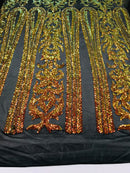 Damask Sequins - Orange Black Mesh - 4 Way Stretch Damask Sequins Fashion Design By Yard