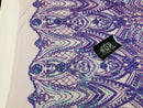 Fish Net Damask Sequins - Lilac / Aqua - 4 Way Stretch Shiny Fashion Sequins By Yard